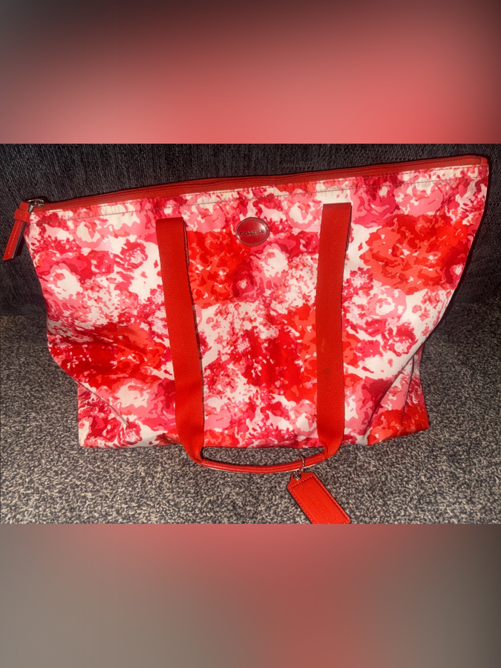 Coach Floral Tote Bag Pink Coral Orange Watercolor Print Travel Weekend Bag